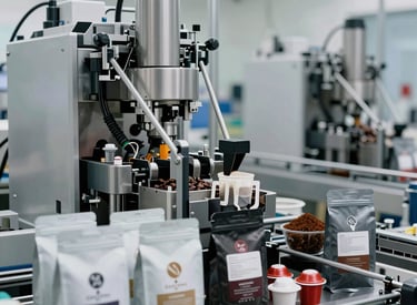 A vibrant workspace showing coffee beans being carefully packaged with precision and care.