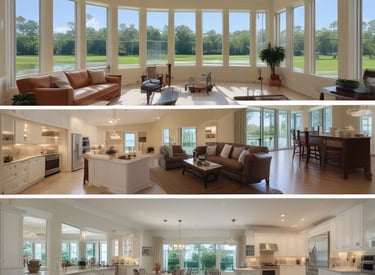 A sparkling clean office space with sunlight streaming through large windows.