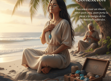 Mujer meditando en la playa con joyería artesanal de turquesa y piedras naturales.