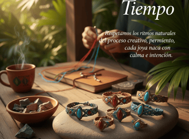 Joyería de macramé con piedras turquesa y rojas sobre mesa de madera.