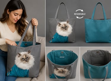 Bolso tote reversible de lona gris con estampado de gatos esponjosos e interior de color azul cercet