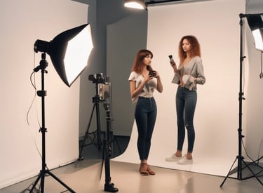 A bright, modern recording studio with a content creator speaking into a microphone.