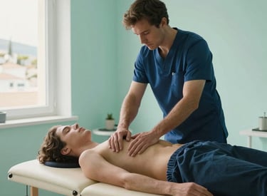 Photography of a patient receiving a gentle osteopathic treatment on a wooden massage table. Minimalist and calm environment with light mint and dark blue details, soft morning light in a Spanish coastal town clinic.