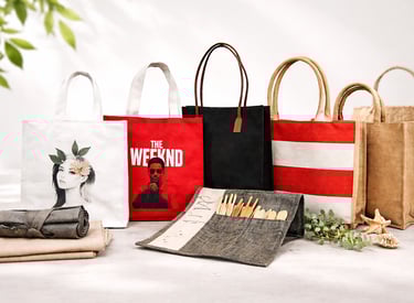 Collection of eco-friendly jute and canvas tote bags with custom prints and bamboo cutlery.