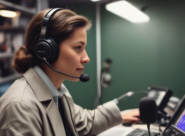 A smiling interpreter speaking confidently into a microphone.