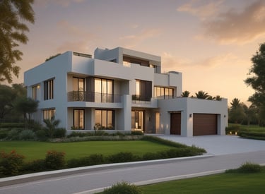 A modern luxury villa with a swimming pool under a clear blue sky.