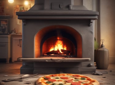 A rustic mobile stone oven on a trailer with a chef sliding a pizza inside, surrounded by fresh ingredients.