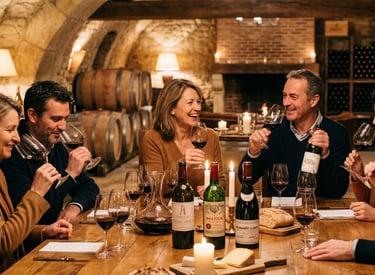 Friends enjoy a luxury red wine tasting experience in a rustic stone cellar with oak barrels.