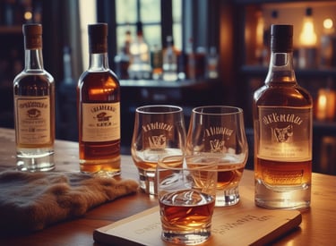 A collection of premium bourbon whiskey bottles and tasting glasses on a rustic wooden bar.