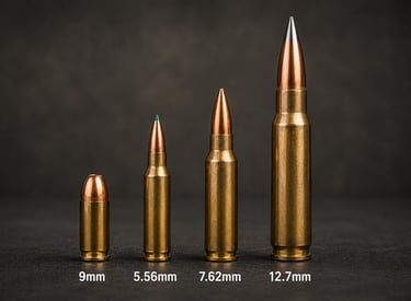 Comparison of 9mm, 5.56mm, 7.62mm and 12.7mm ammunition cartridges