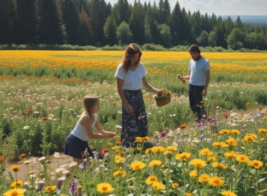 Colorful banners and booths at a lively local event with people enjoying food and crafts.