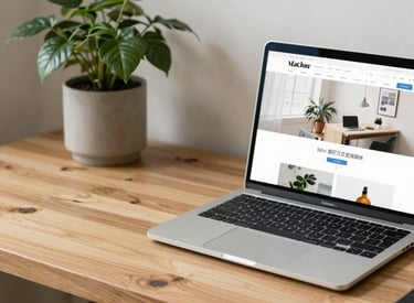 A cozy workspace with natural wood textures, soft green plants, and a laptop displaying a website in progress.
