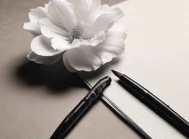 A minimalist desk scene with scattered torn paper fragments and a soft shadow of a mirror frame.