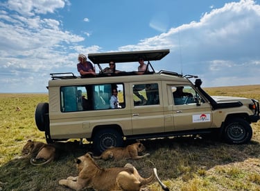 Luxury group safari jeep with lions on game drive in Tanzania, curated by ThetravelingTrendie.