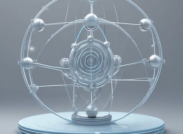 Quantum particles visualized as glowing orbs connected by energy lines.