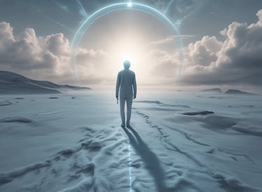 A serene depiction of a near-death experience with light and shadow.