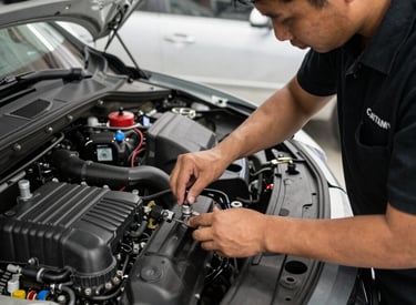 A mechanic carefully inspecting a car engine under the open hood.