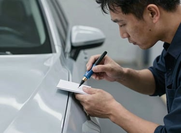 Close-up of a technician checking brake pads and tire tread on a vehicle.