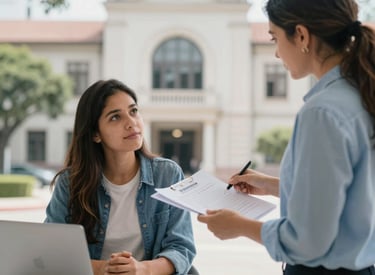 Students happily receiving assistance with paperwork and orientation in a bright office.