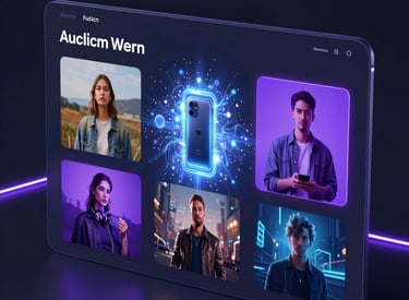 A sleek digital interface showing AI-generated images evolving from simple text prompts against a dark tech background.