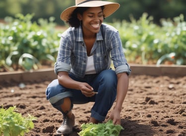 A family planting seedlings together in neat rows on a sunny morning at the farmette.