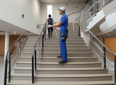 Maintenance team cleaning an office building lobby efficiently.