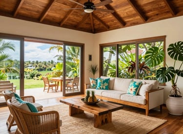 A serene oceanfront luxury home in Kona with palm trees swaying under a golden sunset.