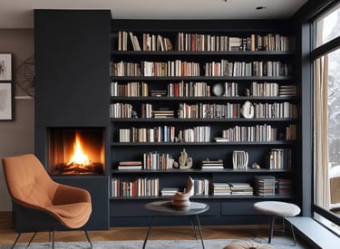 Cozy living room featuring custom wooden furniture and soft lighting.