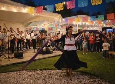 A woman in traditional Mexican dress performs a folk dance with a mariachi band under festive papel picado banners.