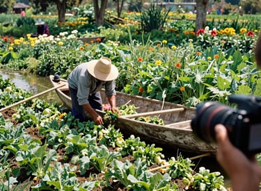 A farmer harvests fresh vegetables from a floating garden boat in Xochimilco's chinampas.