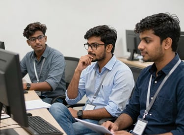Interns collaborating on a project in a bright office space.