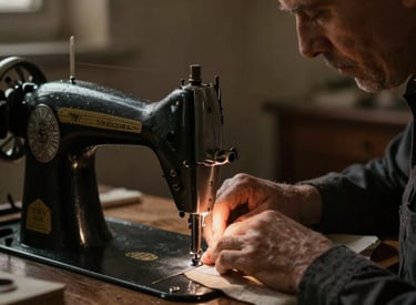 A skilled tailor carefully sewing a premium Muslim garment in a bright, minimalist workshop.