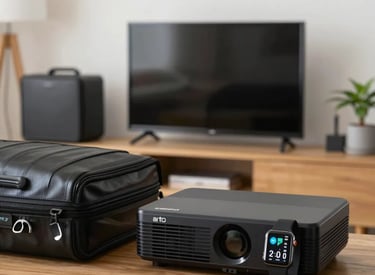 Projetor de vídeo inteligente preto com mala de transporte sobre mesa de madeira numa sala com telev