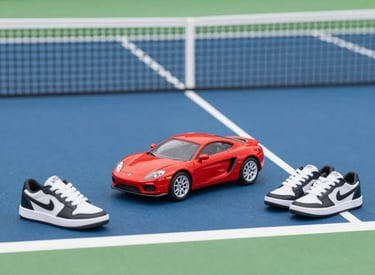 iniaturas de sapatilhas desportivas e carro miniatura vermelho num campo de ténis com o texto Hobbie