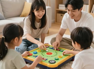 Família com crianças a jogar jogo de tabuleiro educativo na sala com o título Brinquedos e Jogos.