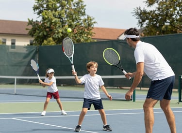 A young athlete confidently facing an opponent on a sunlit tennis court, embodying determination and focus.