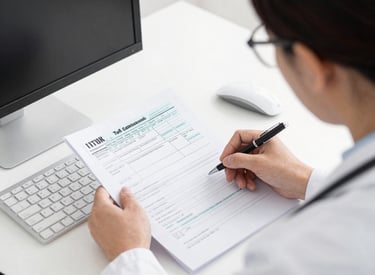 A user happily filling out their profile registration form on a laptop.