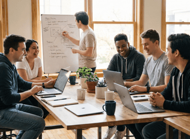 Diverse creative team collaborating on laptops in a bright office during a startup whiteboard presentation.