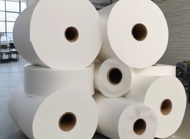Close-up of soft, white tissue paper rolls stacked neatly in a clean warehouse.