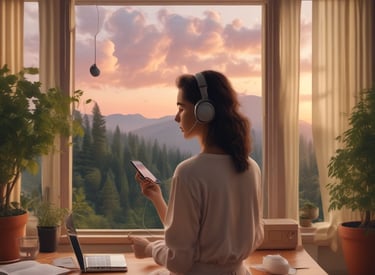 A cozy reading nook with headphones resting on an open book, softly lit by a warm lamp.