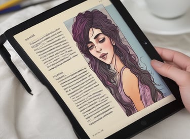 A tablet displaying a beautifully formatted sapphic story PDF, surrounded by fresh flowers.