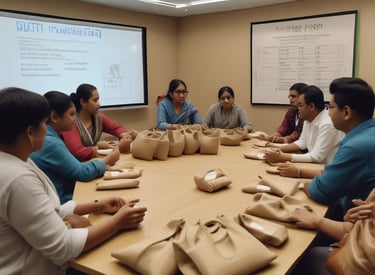 Team meeting discussing sustainable packaging solutions with eco charts.