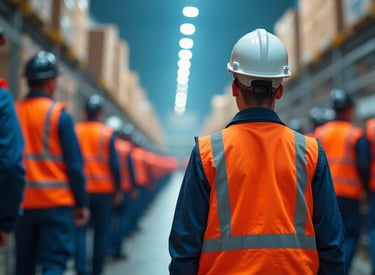 Warehouse workers in safety vests and hard hats standing in a logistics distribution center.