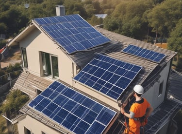 A consultant reviewing solar panel layouts on a tablet at a sunny rooftop.