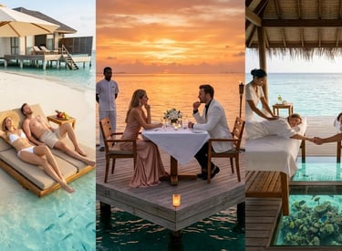 Couple enjoying a luxury Maldives vacation with beach lounging, sunset dining, and an overwater spa.