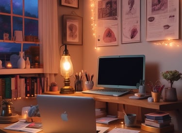 A warm, inviting portrait of Kalki seated at a table with tarot cards and crystals, softly lit to create a mystical atmosphere.