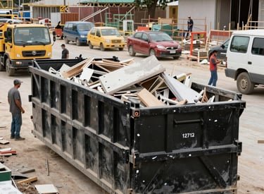 A Black 20 yard roll off dumpster on a construction site with workers throwing demolition into it.