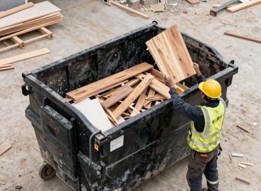 A Black 20 yard roll off dumpster on a construction site with workers throwing demolition into it.