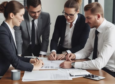 a group of business people sitting around a table