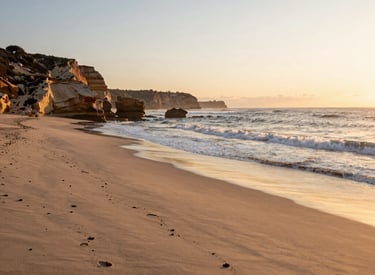 A serene sunrise over a calm ocean with warm ochre and terra tones reflecting the peaceful atmosphere of a boutique retreat.